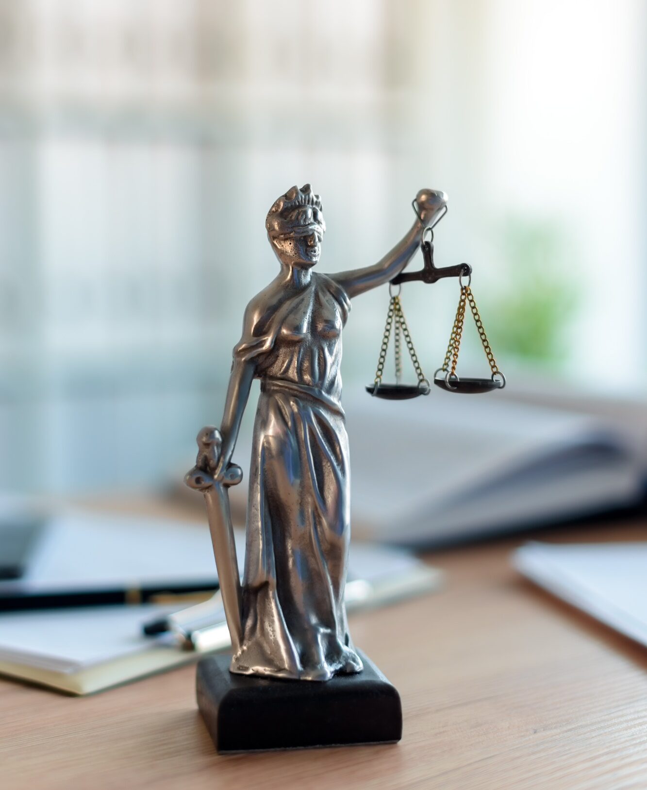 Lady Justice statue in law firm office